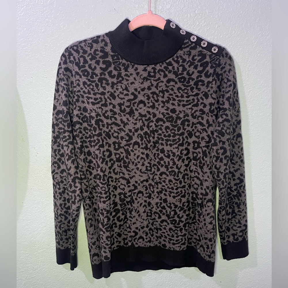 Calvin Klein Black and Gray Leopard Turtleneck Sweater